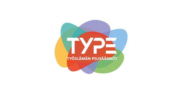 Työelämän pelisäännöt -palvelun logo, jossa värikkäiden pyöreiden muotojen päällä valkoisella teksti TYPE.